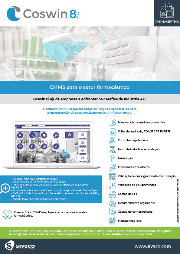 Brochura CMMS Coswin indústria farmacêutica